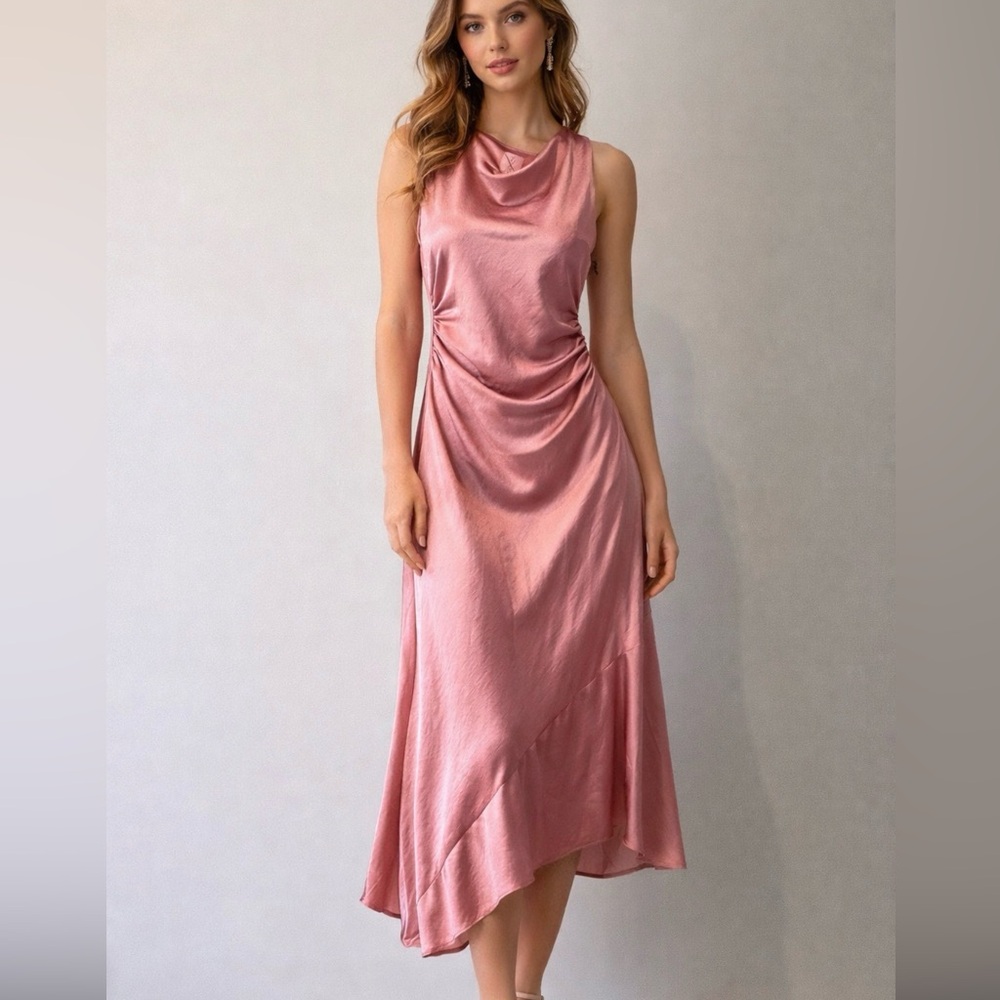 Joie Rose Pink Satin Cowl ruched asymmetrical Midi Dress size xs